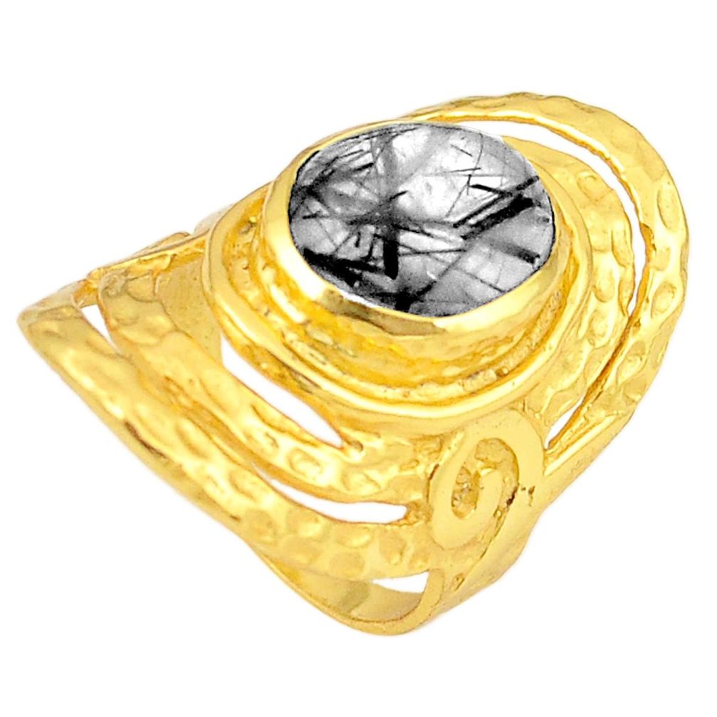 Natural black tourmaline rutile 14K gold over brass handmade  ring size 7.5 f3942