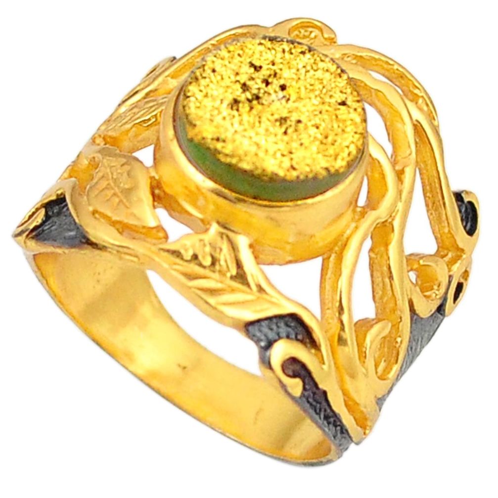Golden druzy rhodium 14K gold over brass handmade  ring jewelry size 8.5 f3971