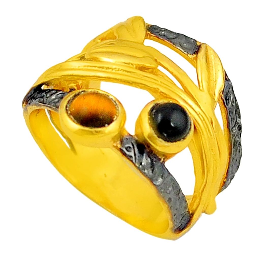 Natural brown tiger's eye onyx rhodium 14K gold over brass handmade  ring size 6 f4047