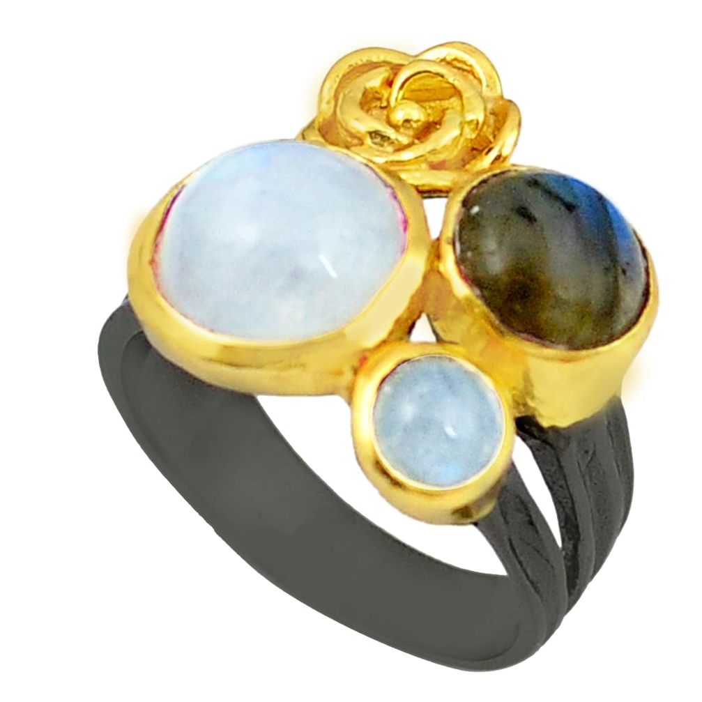 Natural rainbow moonstone rhodium 14K gold over brass handmade  ring size 5.8 f4063