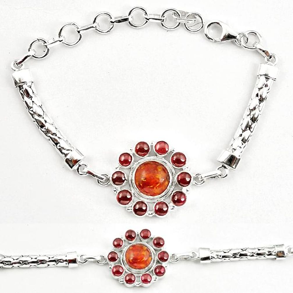 Clearance-Orange amber red garnet round 925 sterling silver bracelet jewelry k83356