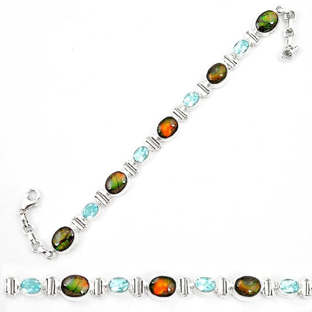 Natural ammolite (canadian) blue topaz 925 silver tennis bracelet k91667