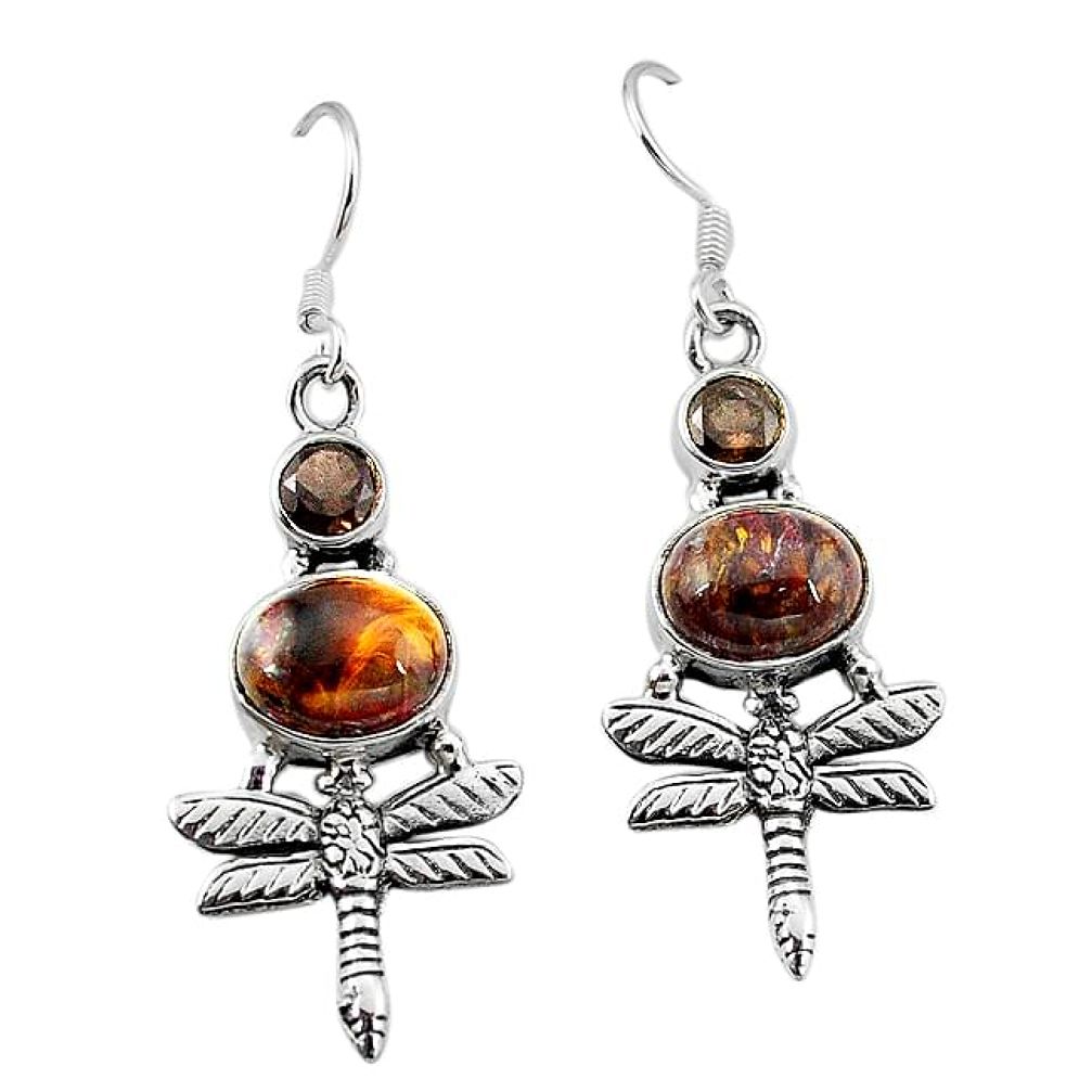 Clearance-Natural brown pietersite (african) 925 silver dragonfly earrings k61969