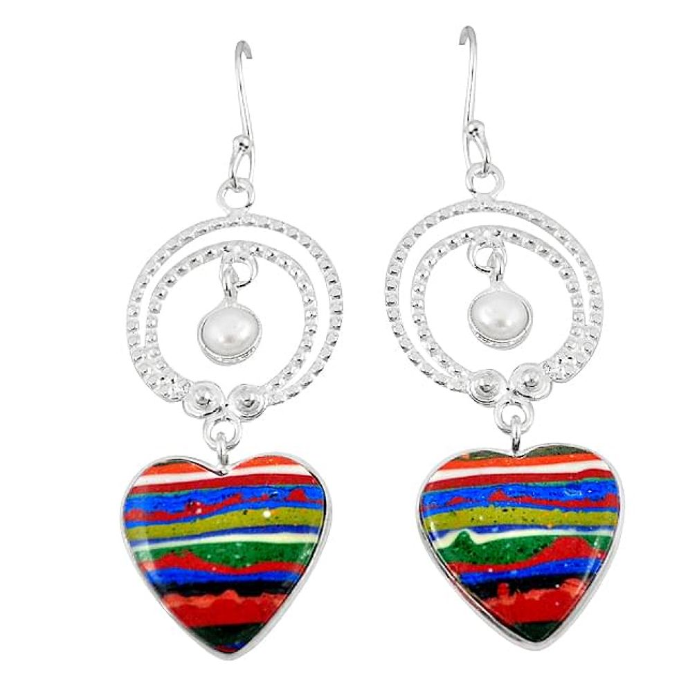 Clearance-Natural multi color rainbow calsilica 925 silver dangle earrings k73381