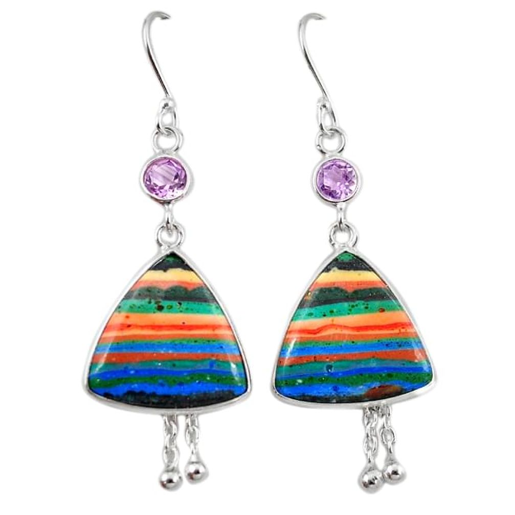 Natural multi color rainbow calsilica 925 silver dangle earrings jewelry k79779