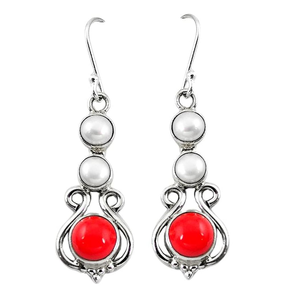 Clearance-Red coral white pearl 925 sterling silver dangle earrings jewelry k83290