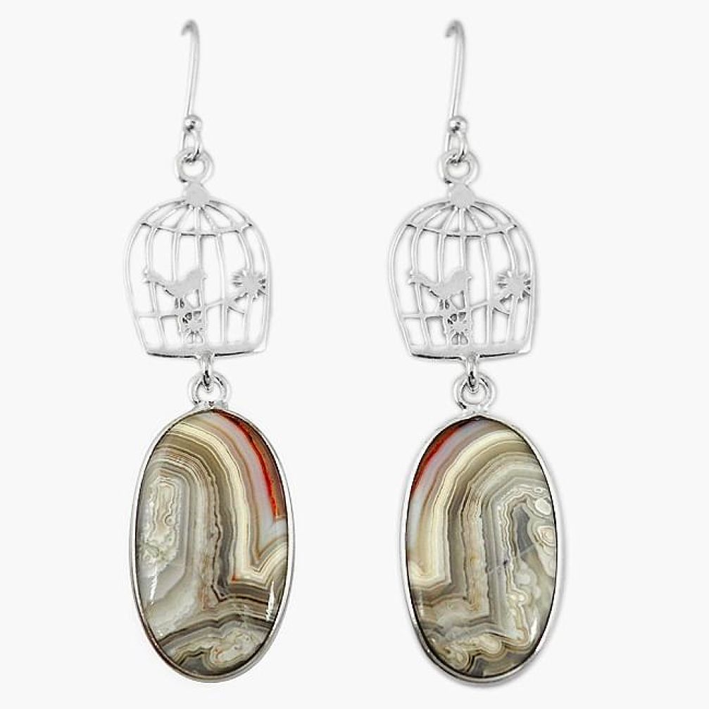 925 silver natural mexican laguna lace agate dangle cage charm earrings k85188
