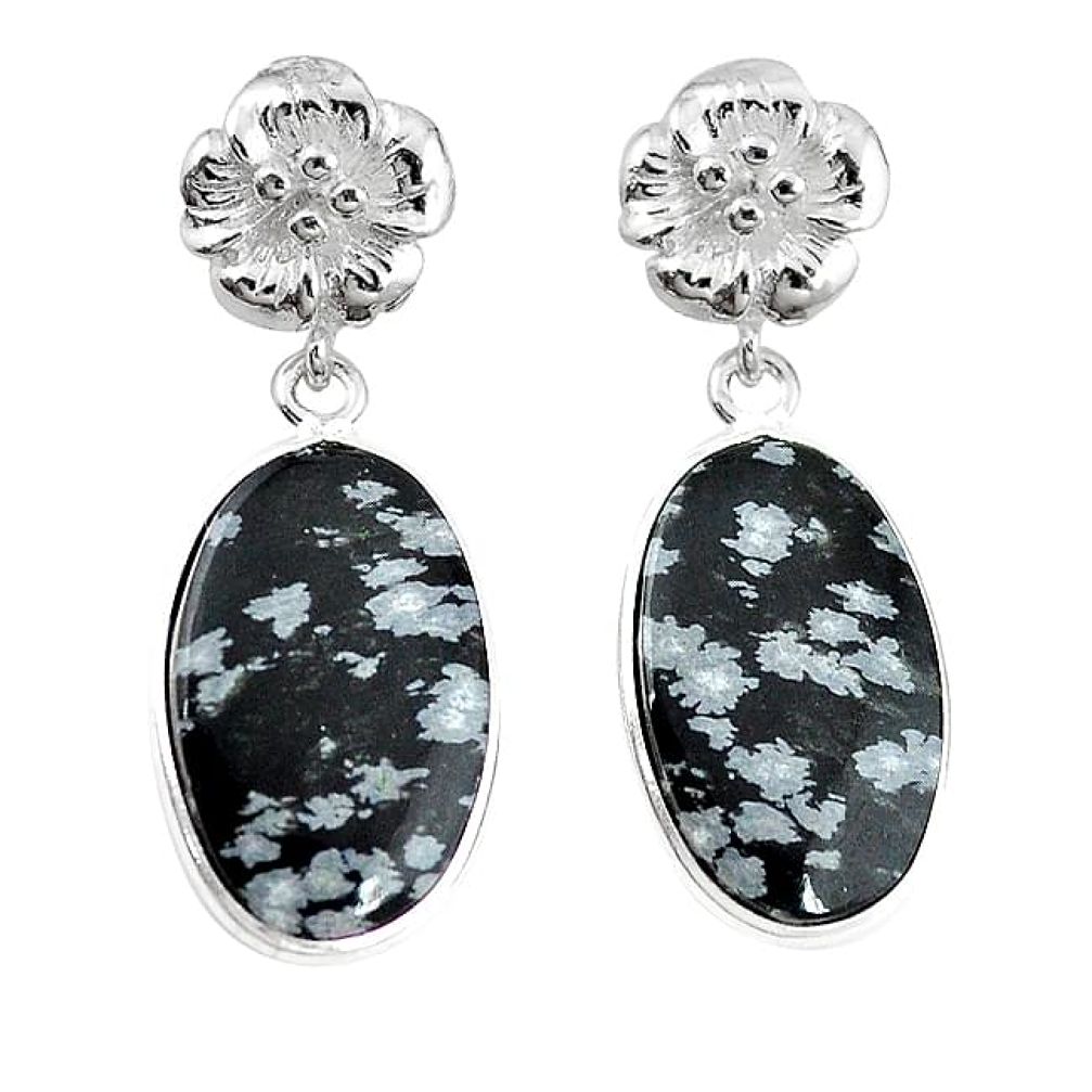 Natural black australian obsidian 925 silver flower earrings k85236