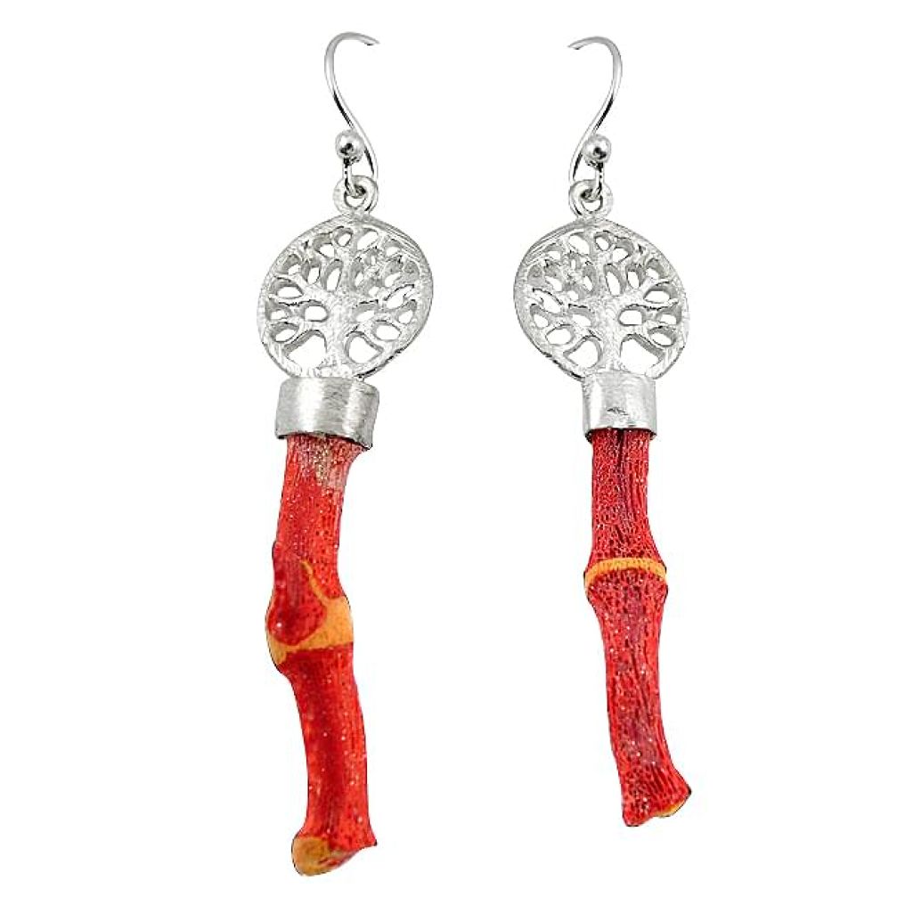 Red coral 925 sterling silver tree of life earrings jewelry k90253