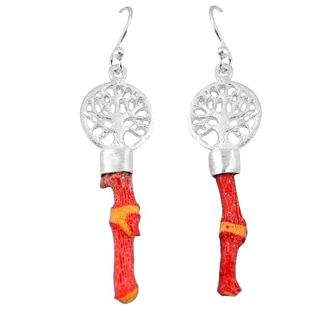 Red coral 925 sterling silver tree of life earrings jewelry k90254