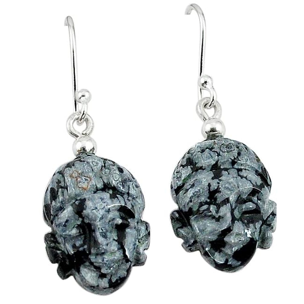 Natural black australian obsidian 925 silver buddha charm earrings k92290