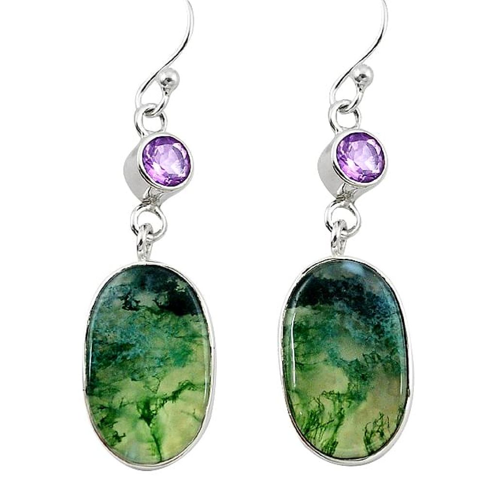 Natural green moss agate purple amethyst 925 silver dangle earrings k96414
