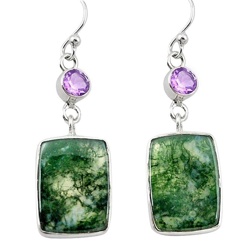 Natural green moss agate amethyst 925 silver dangle earrings k96418