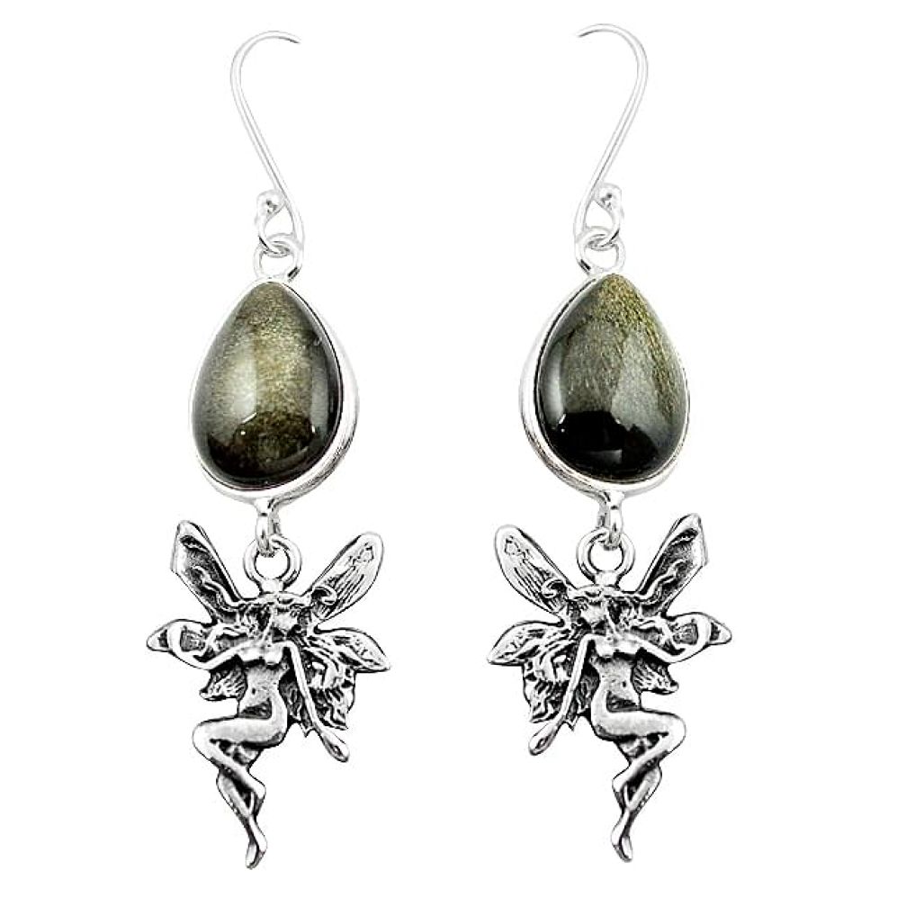 Natural golden sheen black obsidian 925 silver angel wings fairy earrings k96561