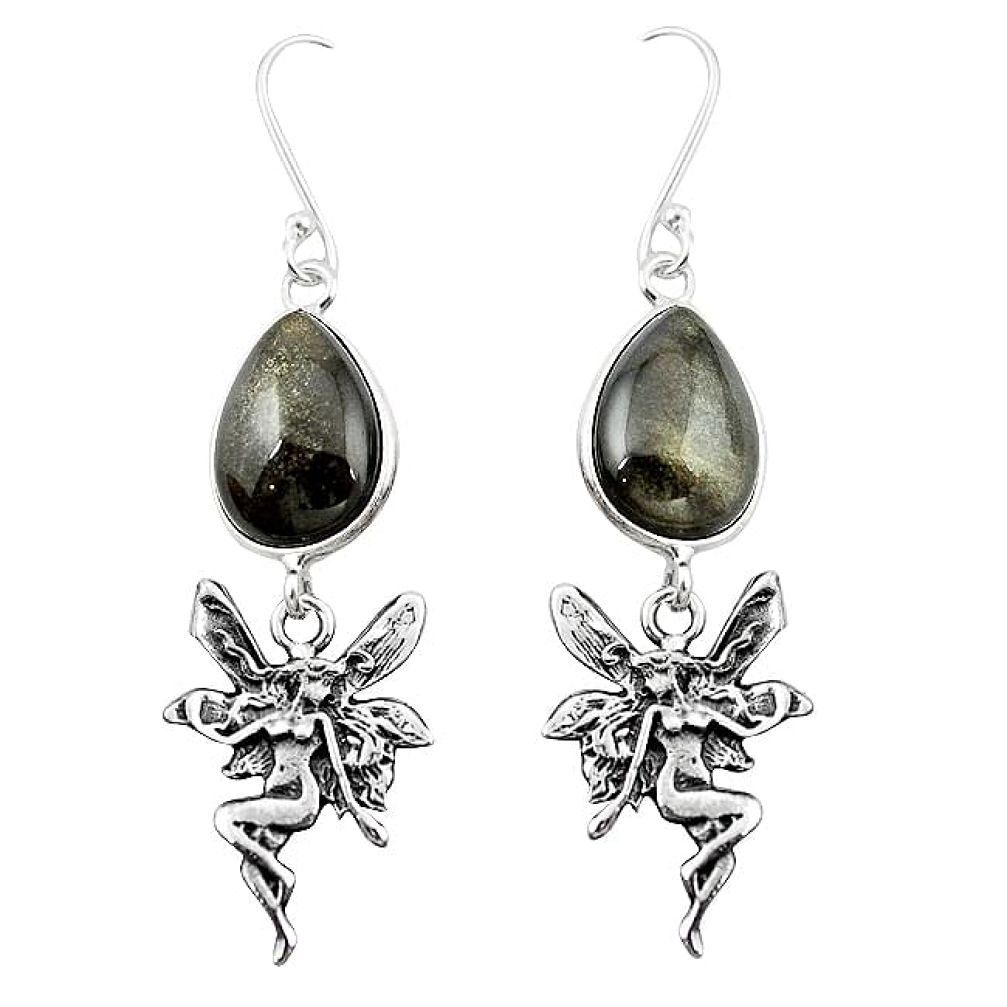 925 silver natural golden sheen black obsidian angel wings fairy earrings k96564