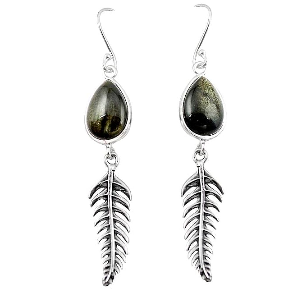 Natural golden sheen black obsidian 925 silver deltoid leaf earrings k96566