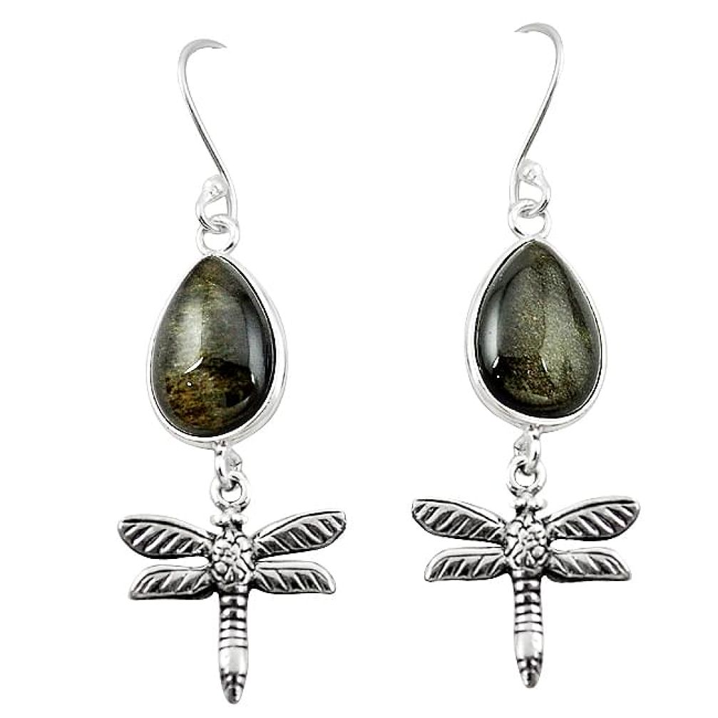 Natural golden sheen black obsidian 925 silver dragonfly earrings k96573