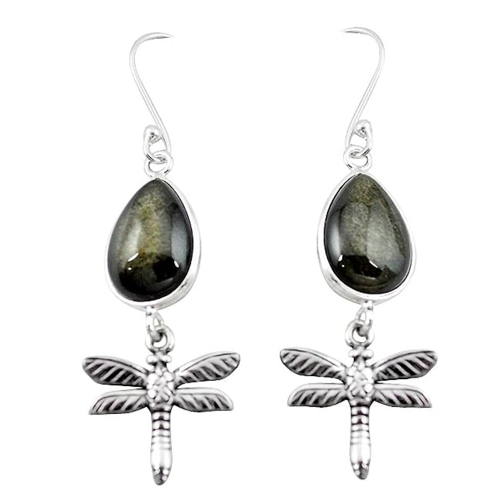 Natural golden sheen black obsidian 925 silver dragonfly earrings k96574
