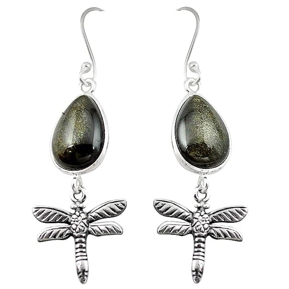 Natural golden sheen black obsidian 925 silver dragonfly earrings k96575