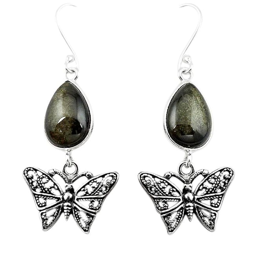 Natural golden sheen black obsidian 925 silver butterfly earrings k96579