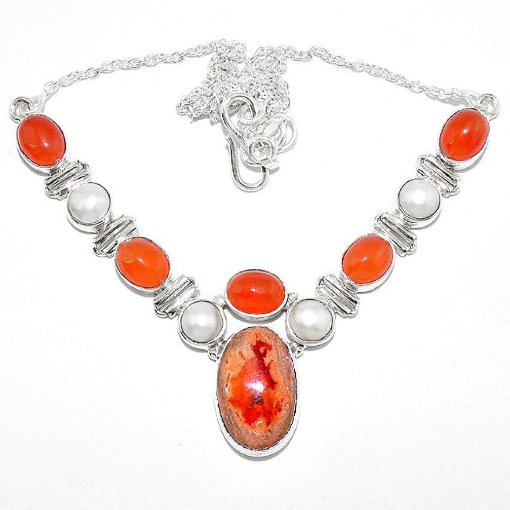 Natural mexican fire opal cornelian (carnelian) pearl 925 silver necklace k74729