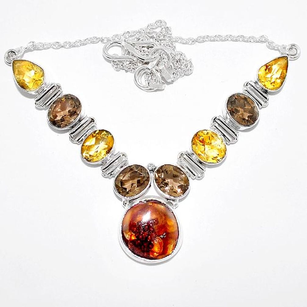 Clearance-925 silver natural fire agate citrine smokey topaz sterling necklace k74733