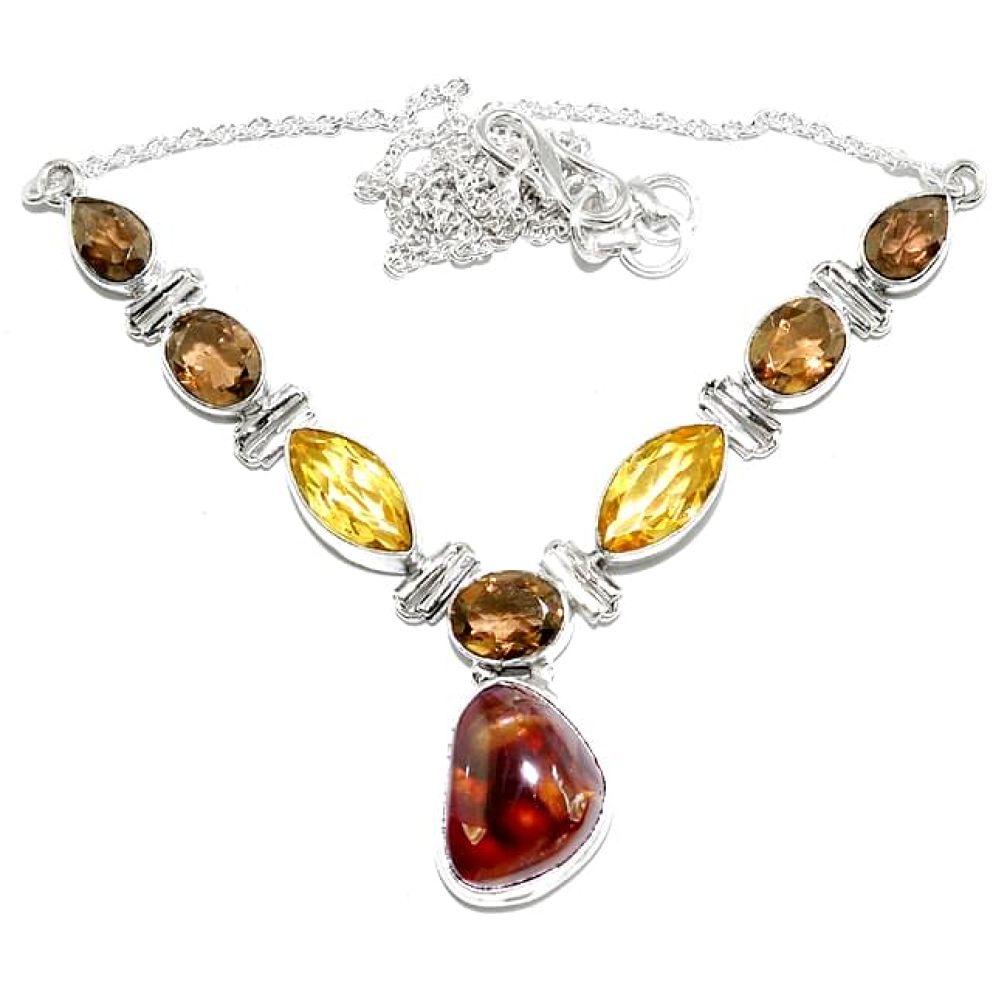 Clearance-Natural multi color mexican fire agate citrine 925 silver necklace k74735