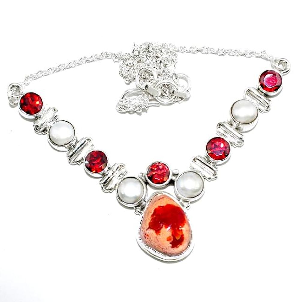 Clearance-925 silver natural multi color mexican fire opal garnet pearl necklace k74739