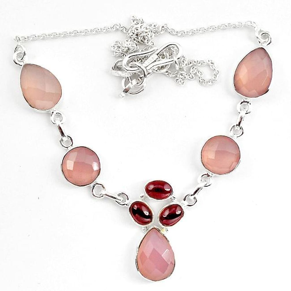 Clearance-Natural pink rose quartz red garnet 925 sterling silver necklace k83346
