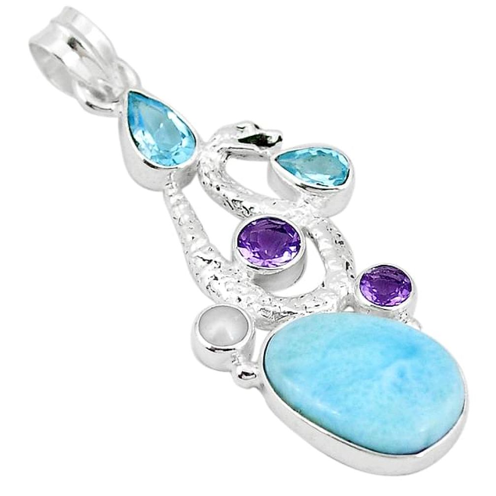 Clearance-Natural blue larimar amethyst topaz 925 silver anaconda snake pendant k63240