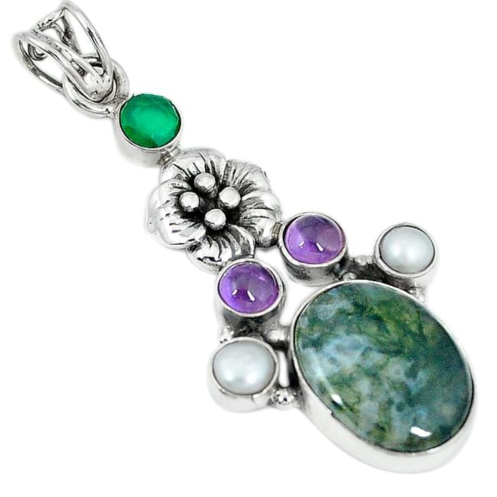Clearance-Natural green moss agate chalcedony pearl 925 sterling silver pendant k66074