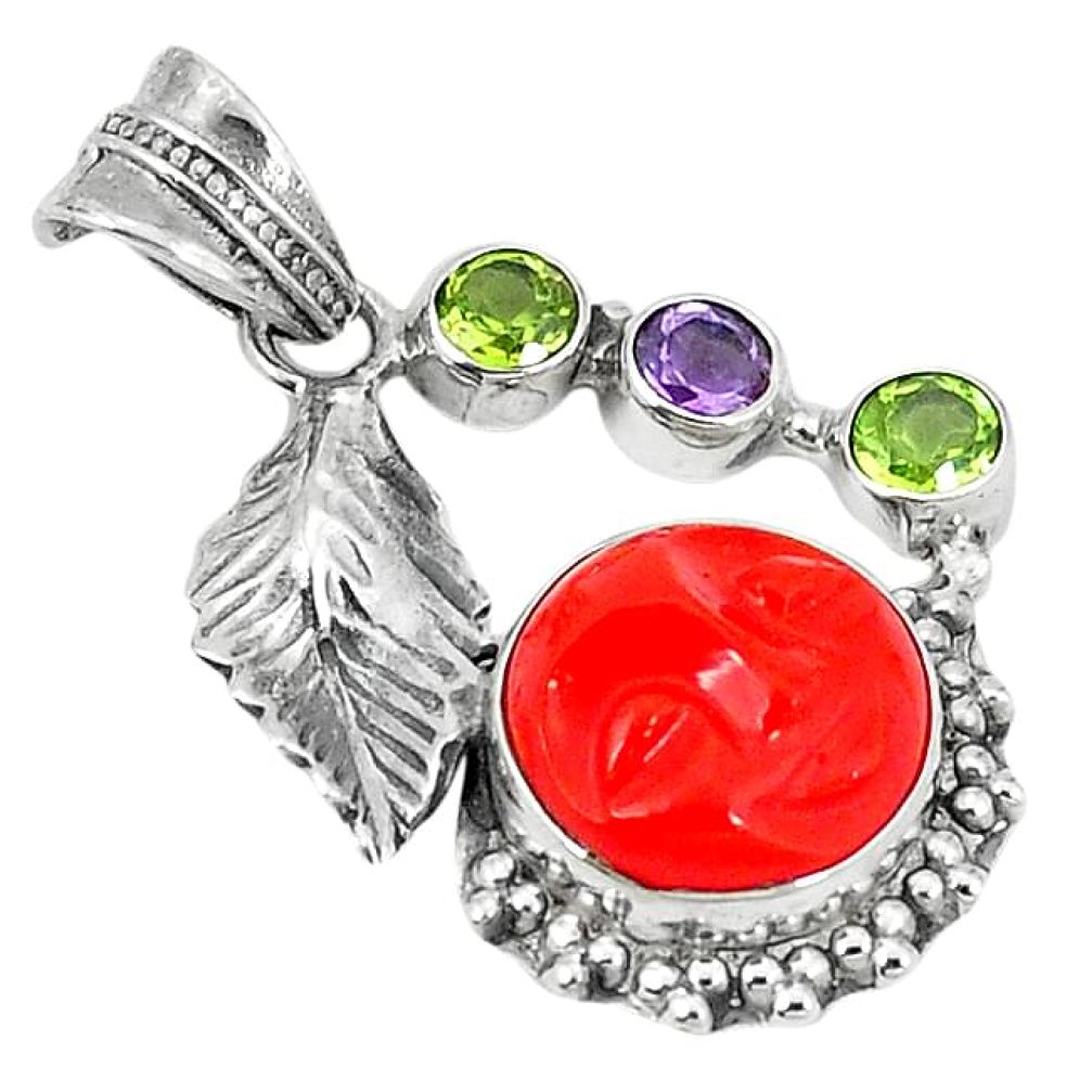 Clearance-Red coral amethyst peridot 925 sterling silver deltoid leaf pendant k67538