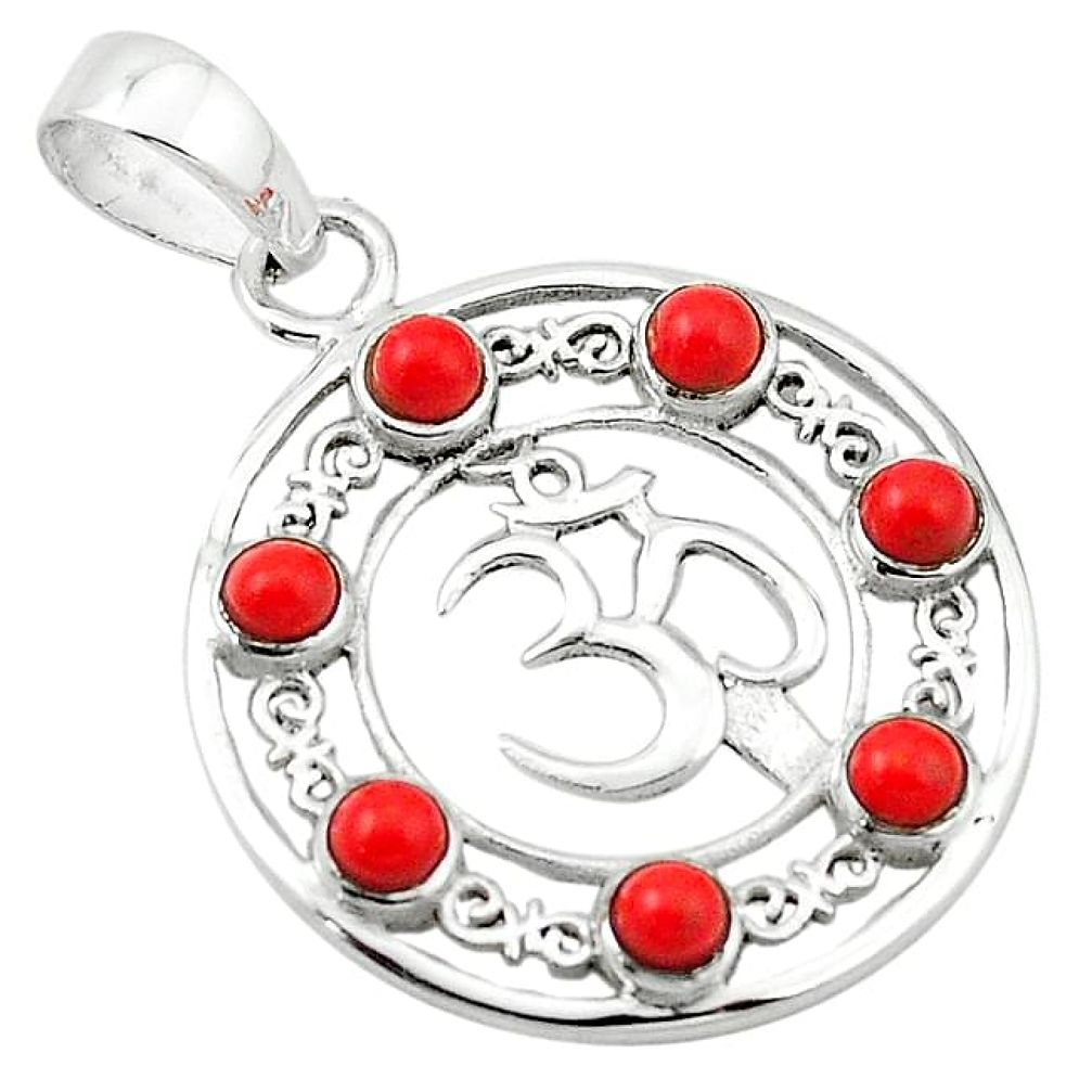 Clearance-Red coral round 925 sterling silver om charm pendant jewelry k70182