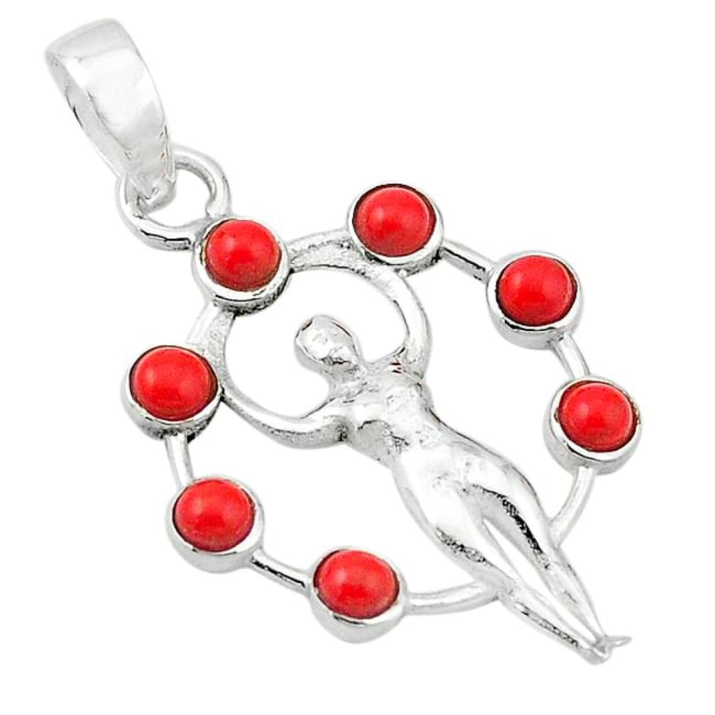 Clearance-Red coral 925 sterling silver earth goddess charm pendant jewelry k70186