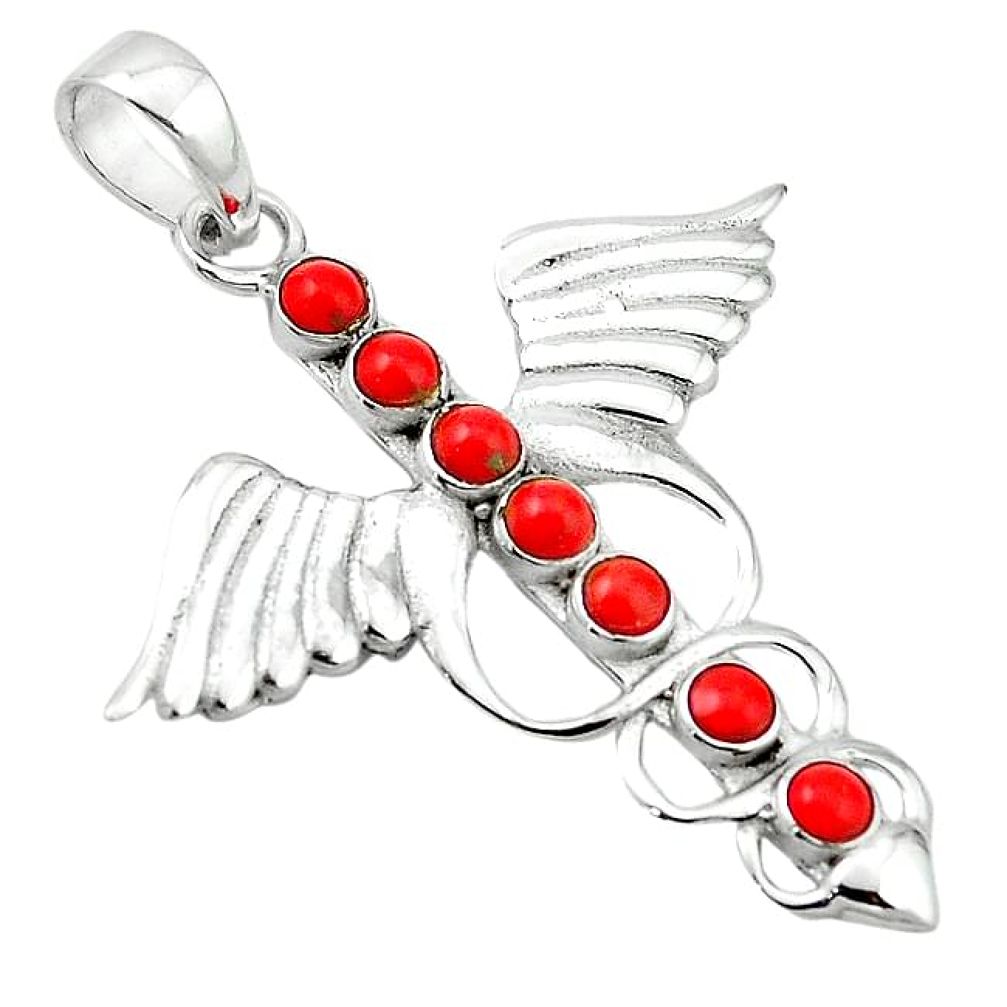 Clearance-925 sterling silver red coral round wings caduceus pendant jewelry k70233