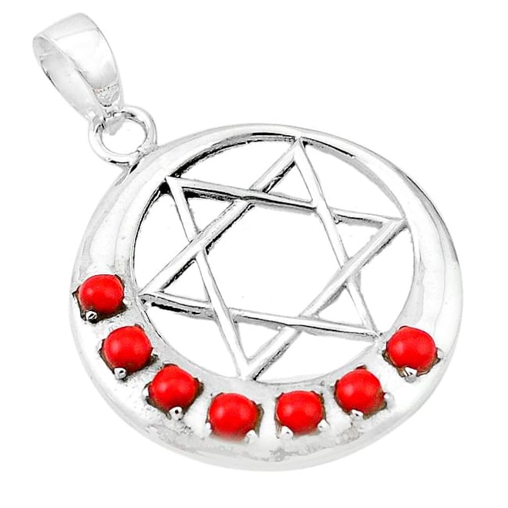 Clearance-Red coral 925 sterling silver star of david crescent moon pendant jewelry k70238