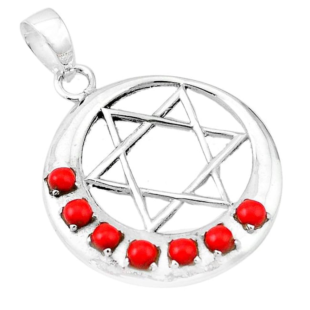 Clearance-Red coral 925 sterling silver star of david crescent moon pendant jewelry k70239