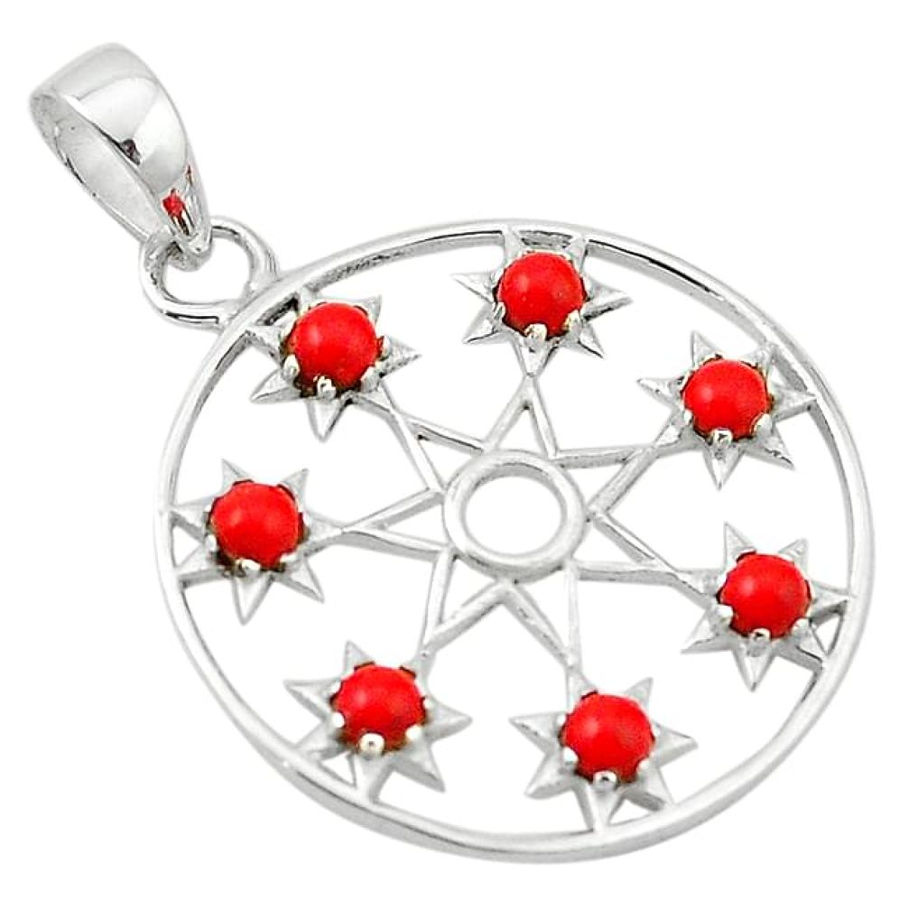 Clearance-Red coral round 925 sterling silver seven star charm pendant jewelry k70262