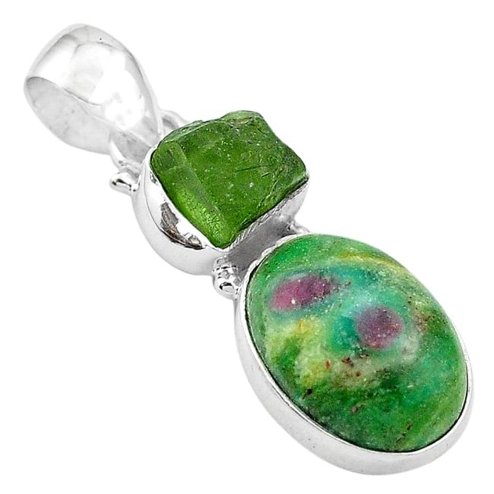 Clearance-925 silver natural pink ruby in fuchsite peridot rough pendant jewelry k72918