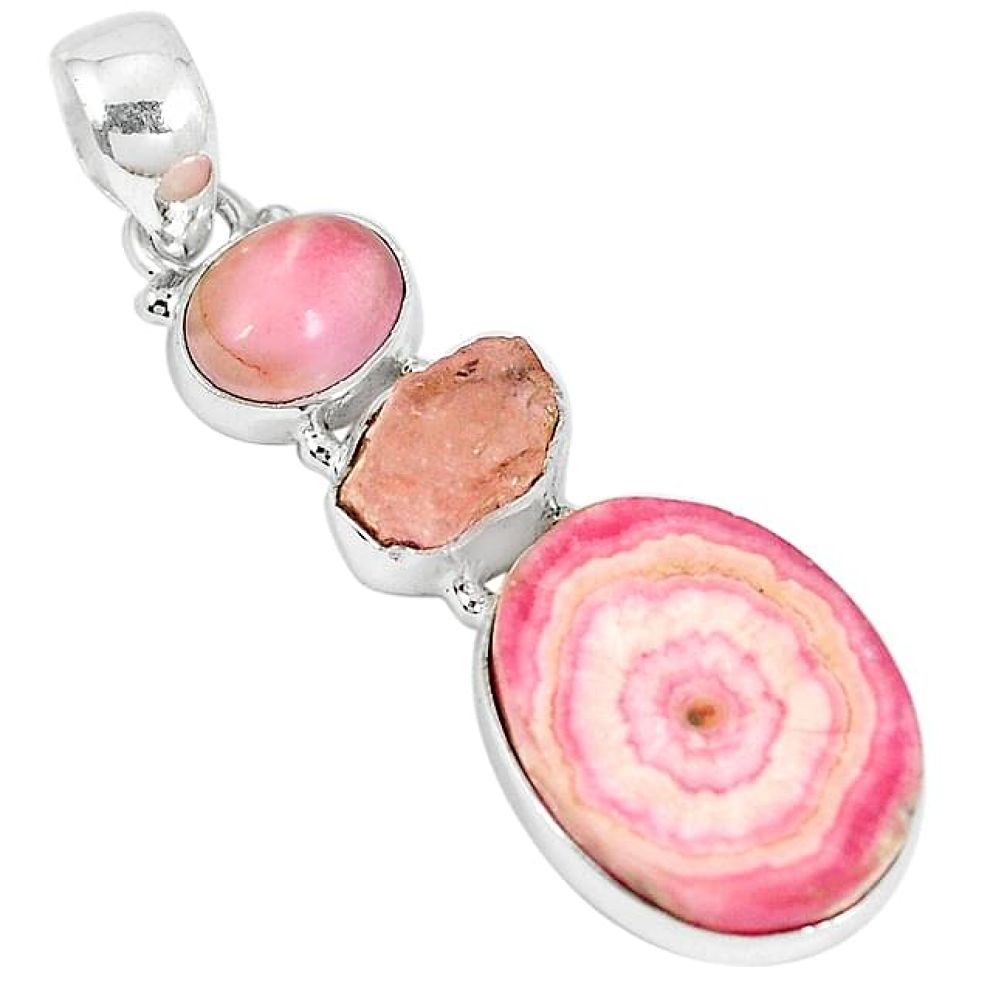Clearance-24.84cts natural pink rhodochrosite stalactite 925 silver pendant k73166