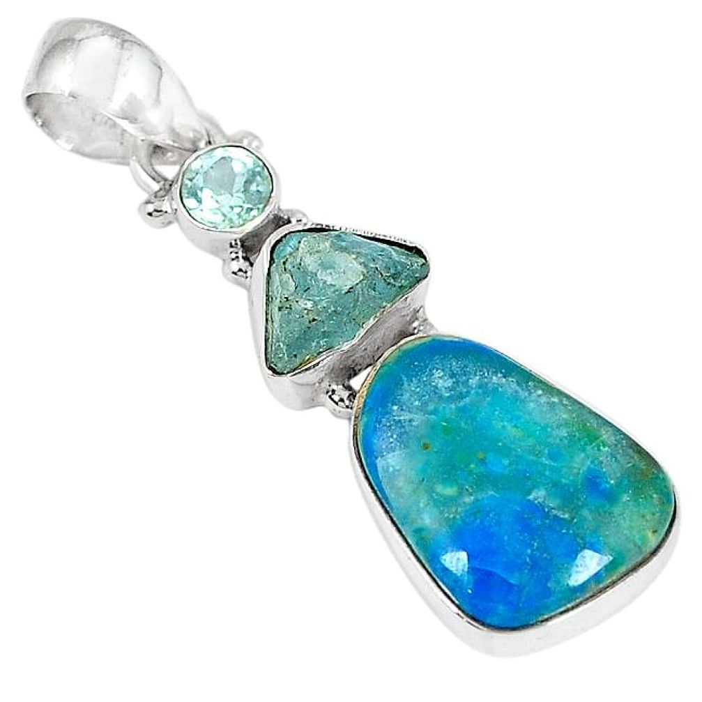 Clearance-Natural blue opaline aquamarine rough 925 sterling silver pendant k73244