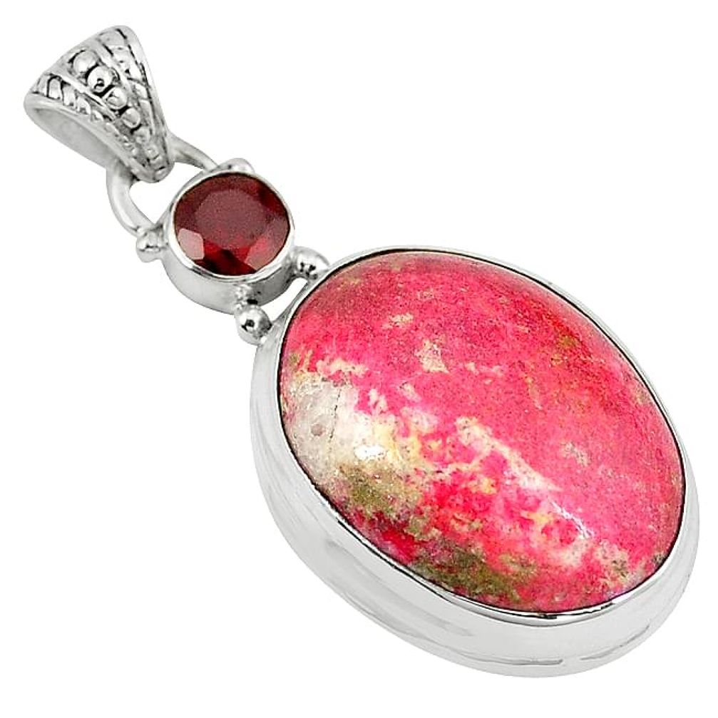 Clearance-Natural pink thulite (unionite, pink zoisite) garnet 925 silver pendant k76273