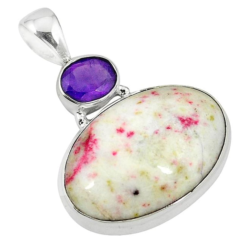 Clearance-Natural red cinnabar spanish purple amethyst 925 silver pendant k76517