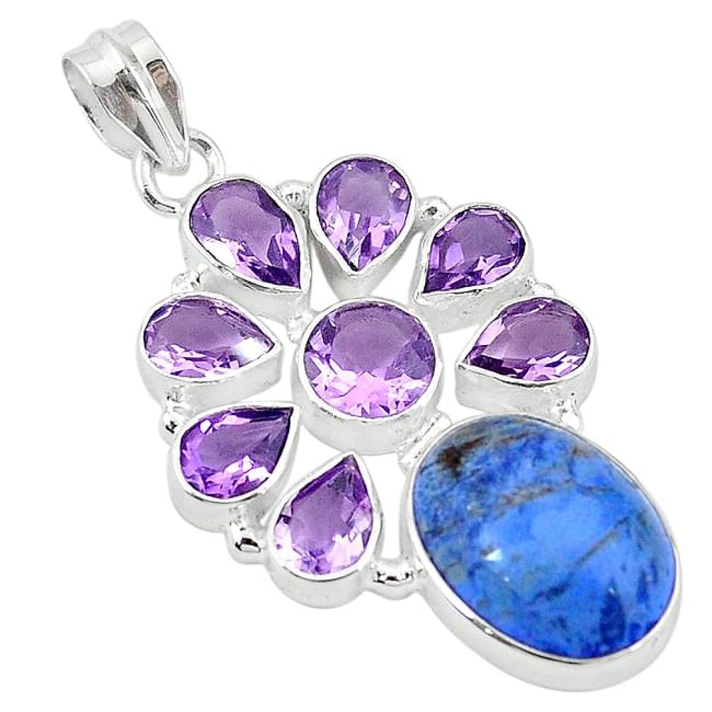 Clearance-Natural blue dumortierite purple amethyst 925 sterling silver pendant k76947