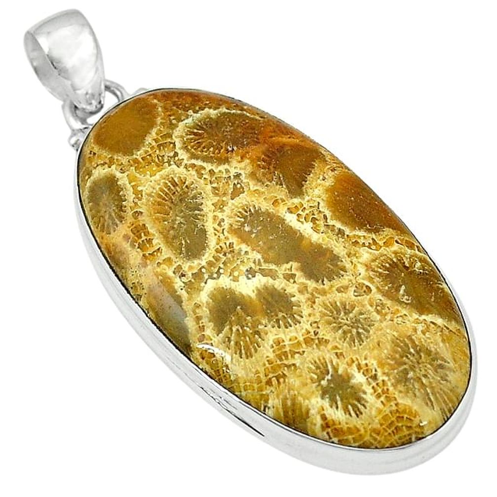 Clearance-925 silver natural yellow fossil coral (agatized) petoskey stone pendant k77493