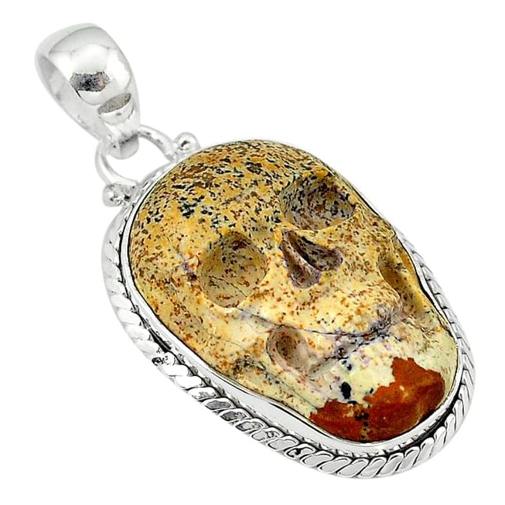 Clearance-Natural brown picture jasper 925 sterling silver skull pendant jewelry k77677