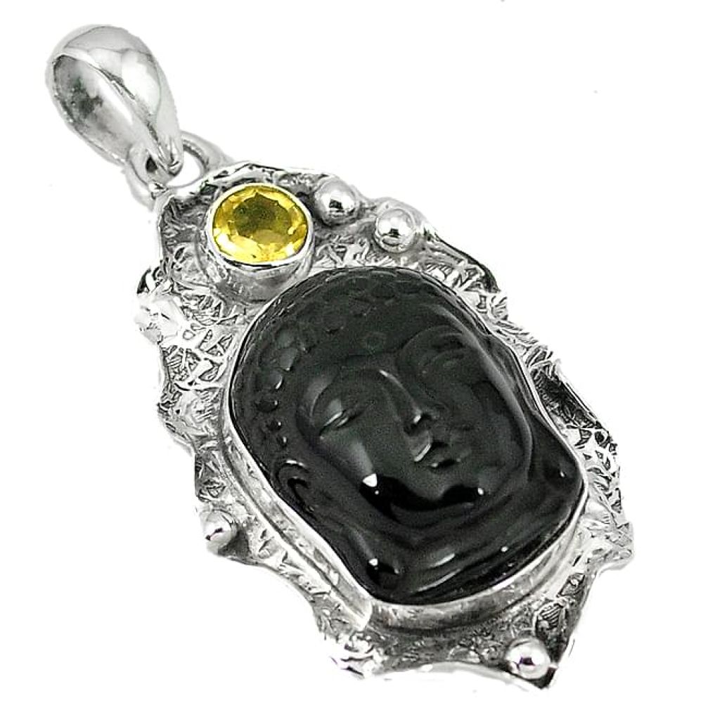 Clearance-Natural rainbow obsidian eye 925 silver buddha carving pendant jewelry k78033