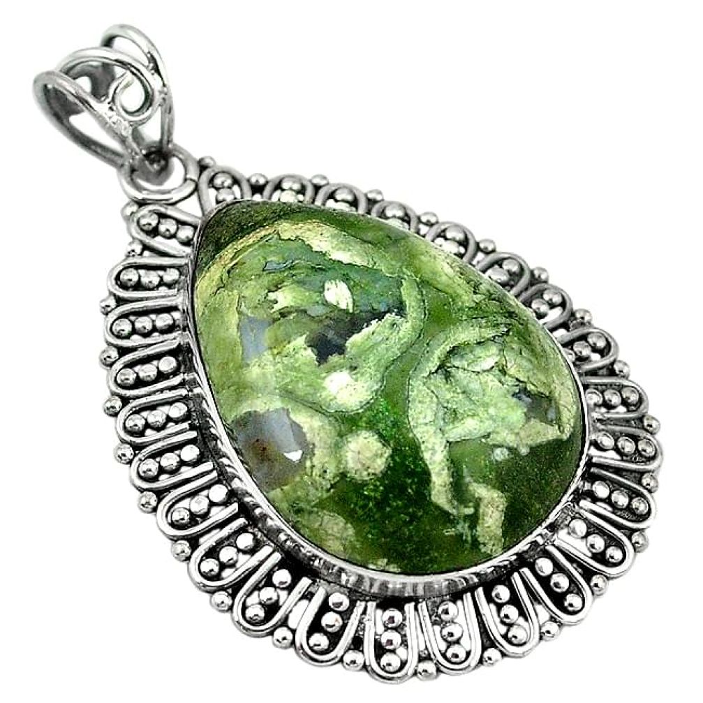 Clearance-Natural green rainforest rhyolite jasper 925 silver pendant k79146