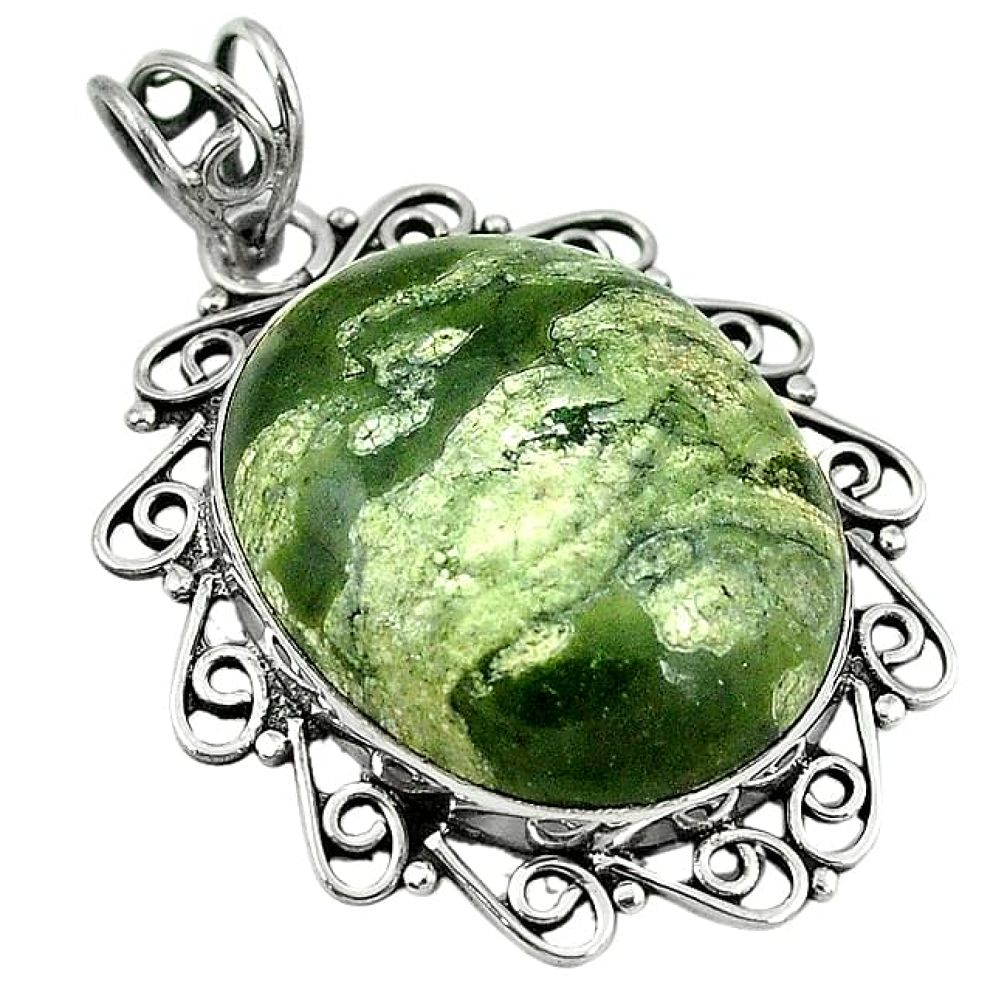 Clearance-Natural green rainforest rhyolite jasper 925 silver pendant k79155