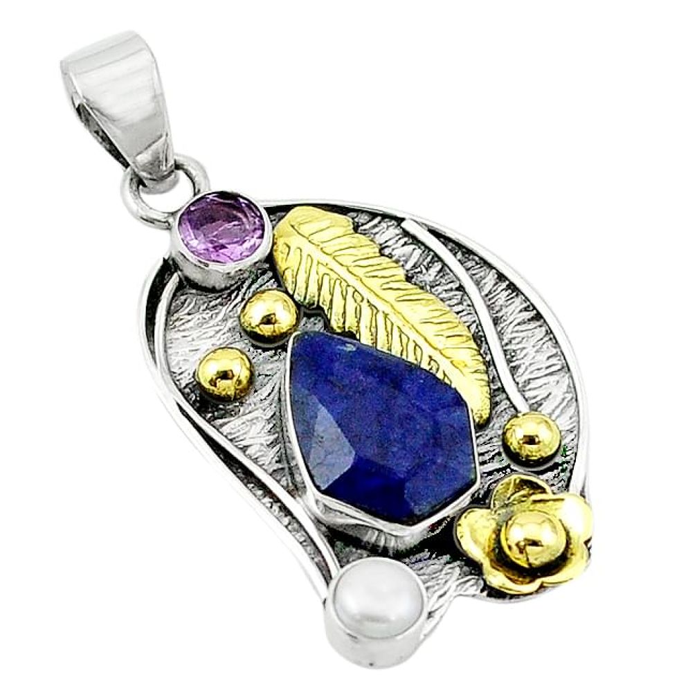 Clearance-Victorian natural blue sapphire 925 silver two tone pendant jewelry k80583